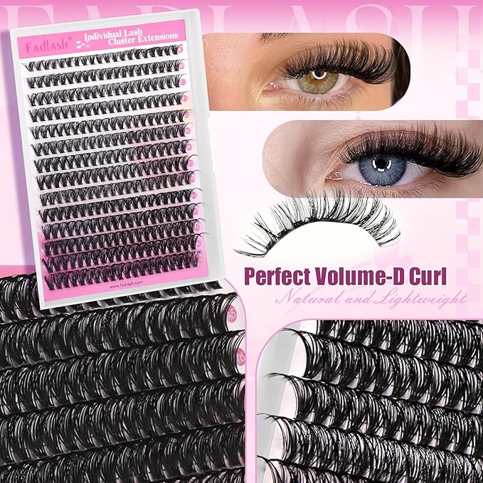 FADLASH DIY Lash Clusters Individual Eyeslash Extensions D Curl 280PCS Natural Eyelash Clusters Soft Band Wispy Volume Eyelash Extension for Beginners DIY at Home (40D-0.07-D, 8-16mm)