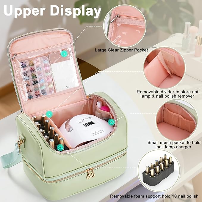 Uross Nail Polish Organizer Bag Holds 50 Bottles Nail Polish, Nail Lamp, Nail Supplies- Nail Organizers and Storage Case for Nail Tech, Nail Stuff Gel Kit Box Gift for Manicurist- Green