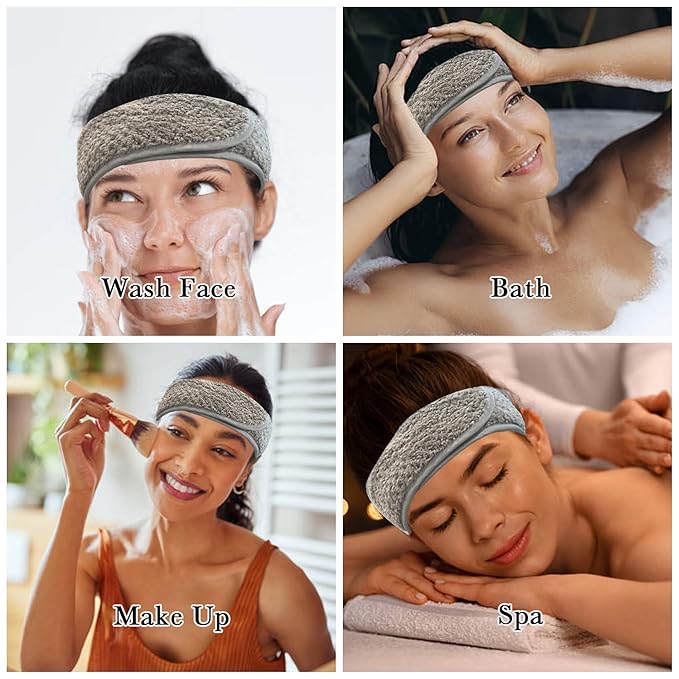 Simnice Spa Facial Headband for Washing Face,Adjustable Facial Headbands Esthetician, Terry Cloth Headband Stretch Towel with Magic Tape,Grey