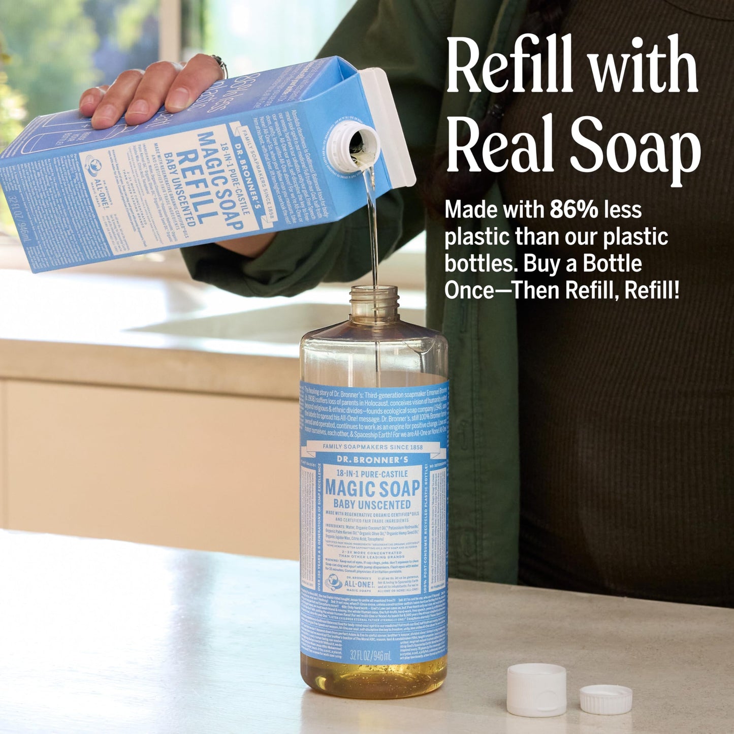 Dr. Bronner's Pure-Castile Liquid Magic Soap Bottle & Refill Carton - Made with Regenerative Organic Certified Oils- 18-in-1 Uses for Face, Body Wash, Hand Soap Refill- Baby Unscented, 32 oz