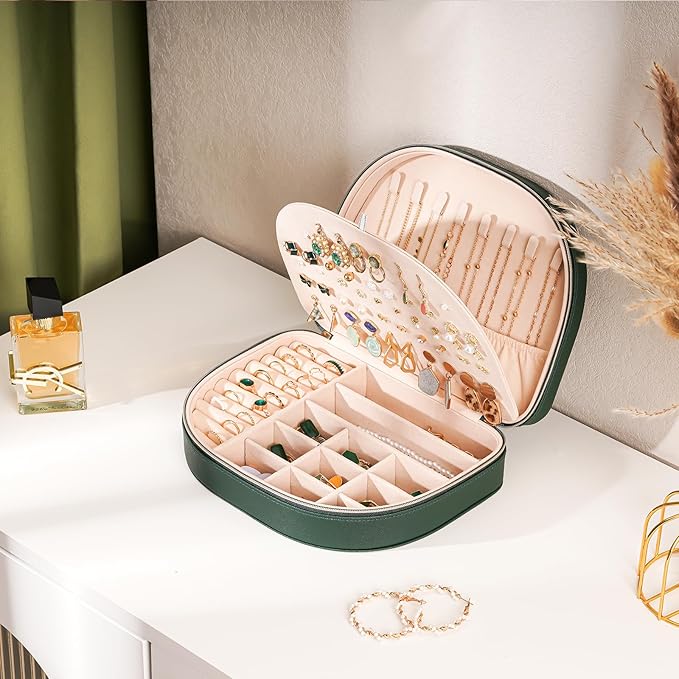ProCase Travel Size Jewelry Box, Large Portable Seashell-Shaped Jewelry Case, 2 Layer Jewelry Organizer in PU Leather for Women -Emerald
