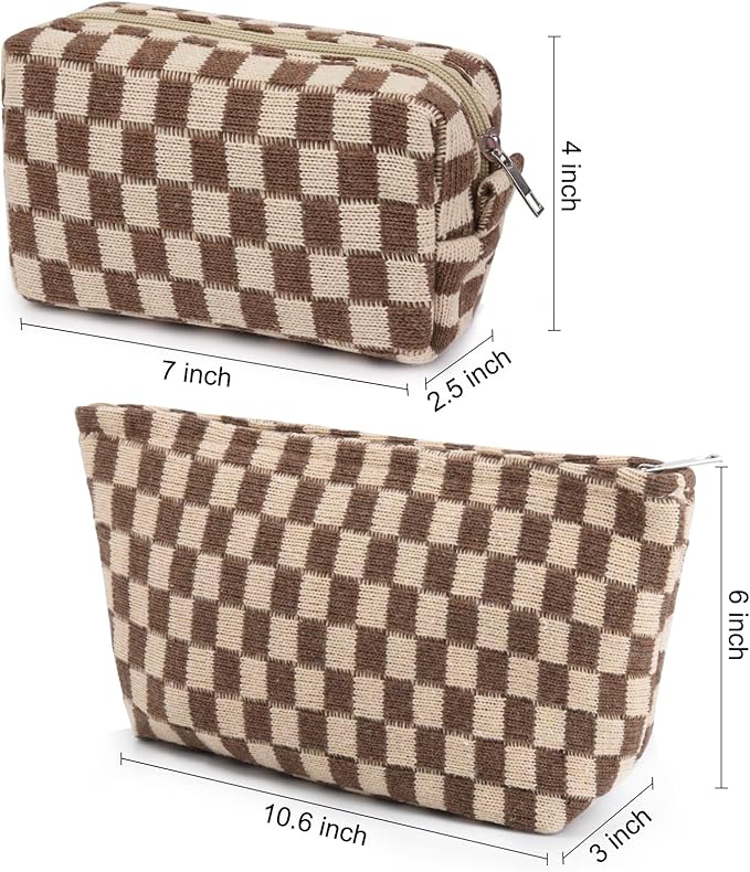 SOIDRAM 2 Pieces Makeup Bag Large Checkered Cosmetic Bag Capacity Canvas Mix Travel Toiletry Bag Organizer Cute Makeup Brushes Aesthetic Accessories Storage Bag for Women, Checkered Mix Brown