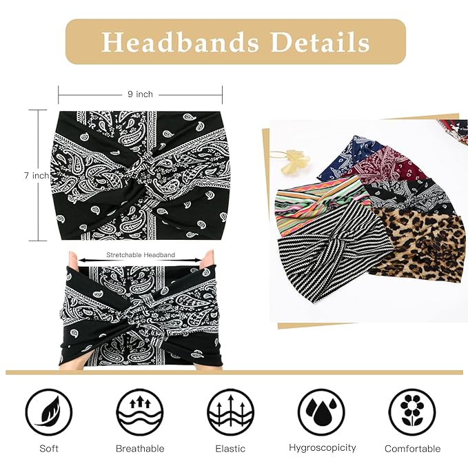 Tobeffect Wide Headbands for Women, 7'' Boho Turban Headband Large Hairband Twisted Hair Accessories, 6 pack