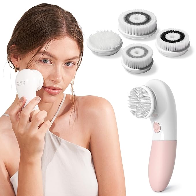Vanity Planet Raedia Facial Cleansing Brush - Electric Facial Cleansing Brush with 4 Exfoliating Brush Heads - Waterproof, Handheld, Lightweight for Face Scrubber and Exfoliating Face - Dusty Pink
