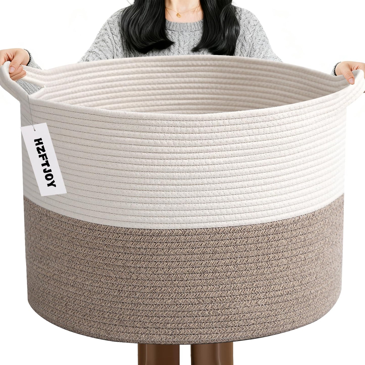 HZFTJOY 65L Large Woven Cotton Rope Blanket Basket with Handles, Laundry Hamper Storage Bin for Pillows, Clothes, Bedroom and Living Room Organization, White & Brown