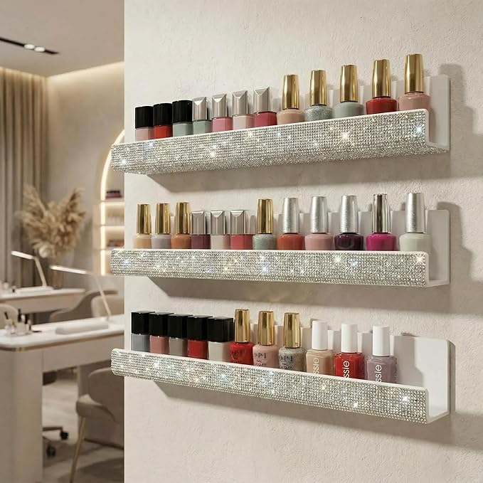 YMVV Nail Polish Wall Shelf - 15-Inch Diamond Crystal Display & Organizer Rack, Holds 60+ Polishes, Soft Ledge for Bedroom, Bathroom, Salon,6 Pack