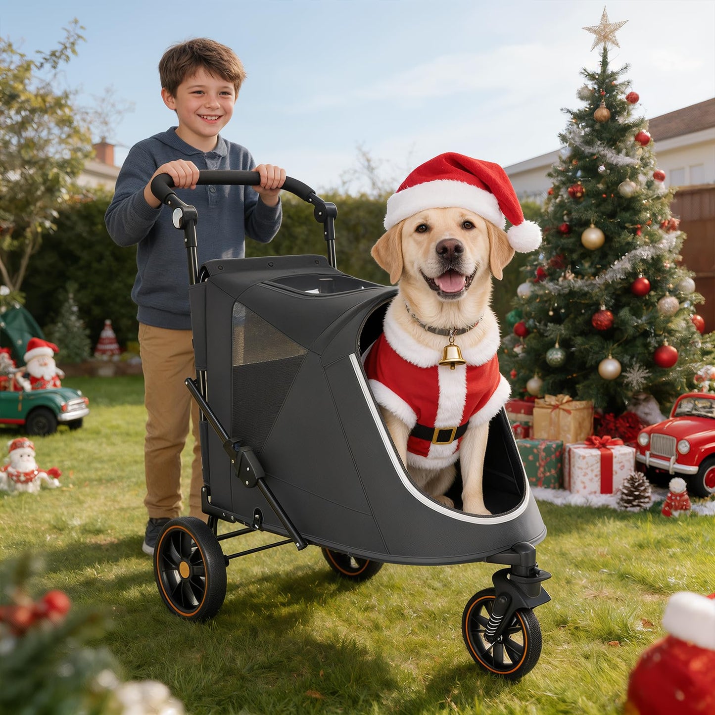 MoNiBloom Pet Stroller for Large Dogs or Multiple Dogs Cats with Adjustable Handle, 3-Wheels Dual Entry Portable Dog Carting Easy Folding Pet Wagon Double Dog Stroller up to 55 lbs, Black