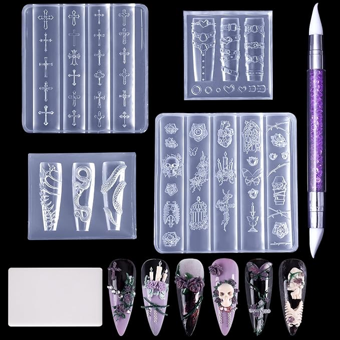 Laza 4pcs Gothic Silicone Nail Art Molds, 3D Rose, Snake, Bones, Cross, Collar, Skull Exquisite Silicone Nail Accessories with Carving Pen Resin Nail Art Mold Manicure Tools for DIY Salon Nail Design