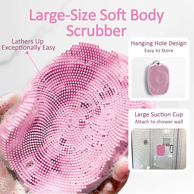 Soft Silicone Body Scrubber, Gentle Like a Hand Exfoliating Your Skin and Build Up Lather Easily, Back Large Suction Cup Easy to Store, Long-Lasting & Deep Clean (Pink)