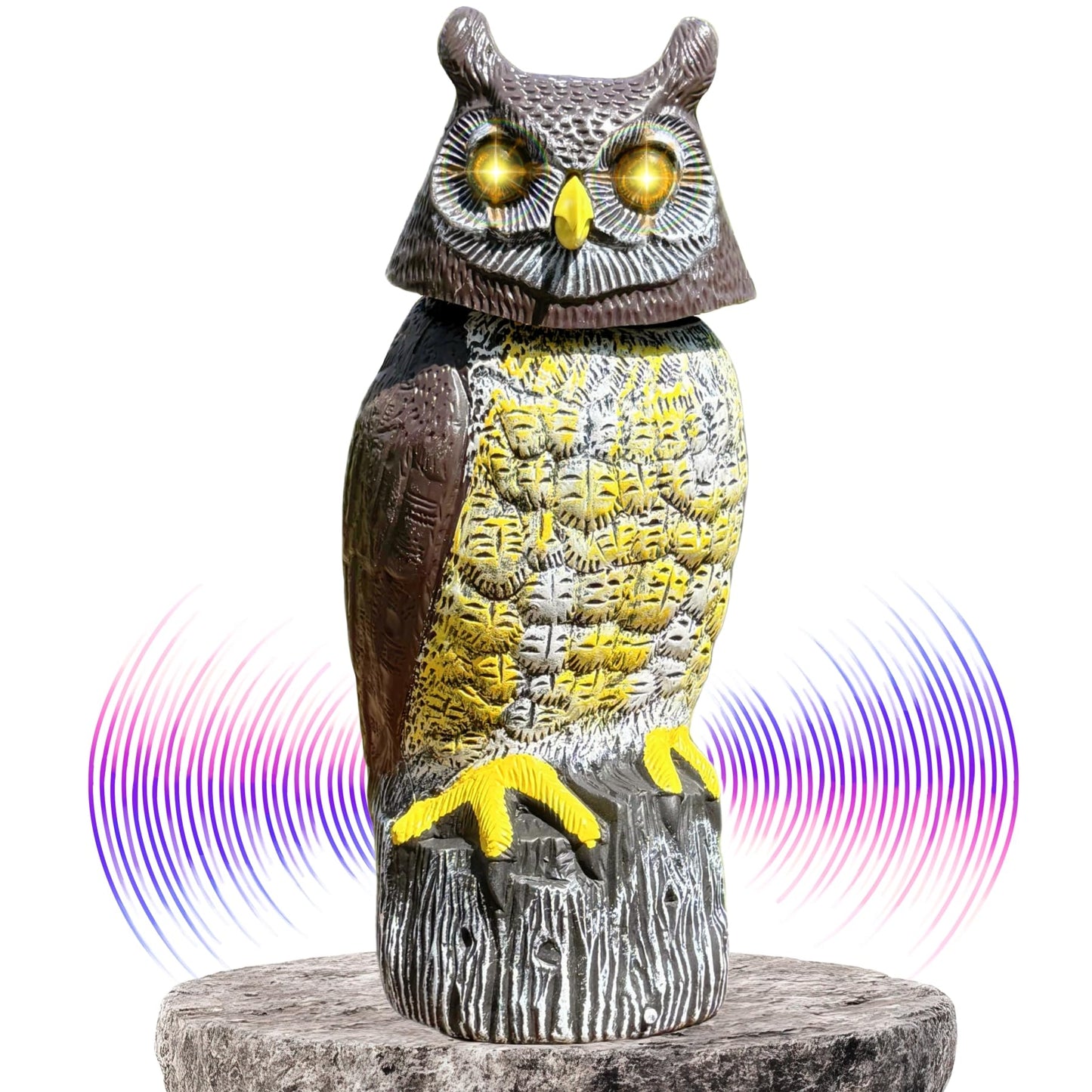 Owlery Large Solar Owl with Motion Detector, Flashing Eyes, Spinning Head, Realistic Hooting and Silent Mode, Garden Owl, Outdoor Statue, Decoration for Home, Garden, Patio and Fence