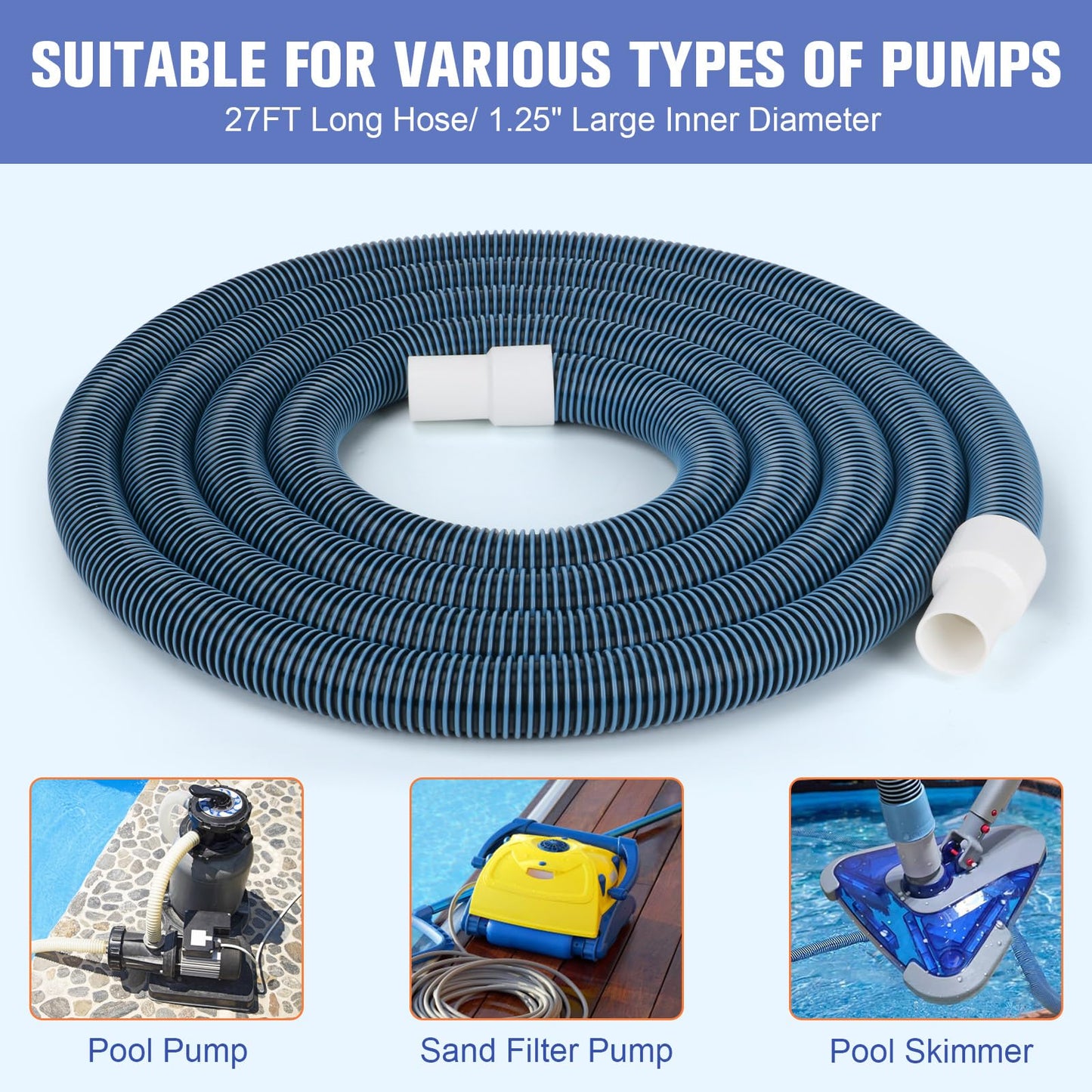 OSMOFUZE Pool Vacuum Hose, Heavy Duty Manual Swimming Pool Cleaner Hose With Swivel Cuff for Above Ground and Inground Pools, 1-1/4 Inch x 27 Ft