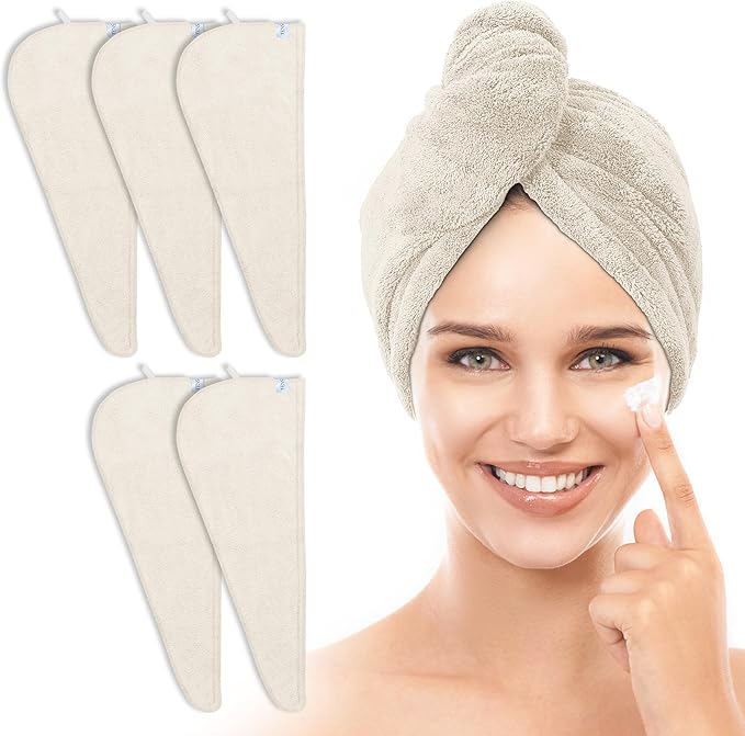 TENSTARS 5 Pack Thicken Microfiber Hair Towel Wrap for Women - Elastic Loop Design - 320GSM Coral Velvet - Quick Dry Hair Turban - 11x28 Inch (Cream)