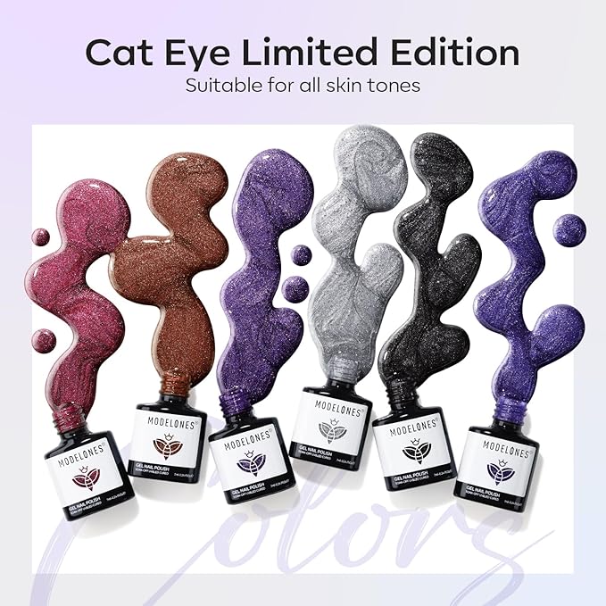 modelones Cat Eye Gel Nail Polish Set, 6 Colors Winter 9D Glassy Cat Eye Glitter Gel Polish Black Red Purple Blue Silver Brown Nail Polish with Magnet Soak Off LED DIY Salon Gift