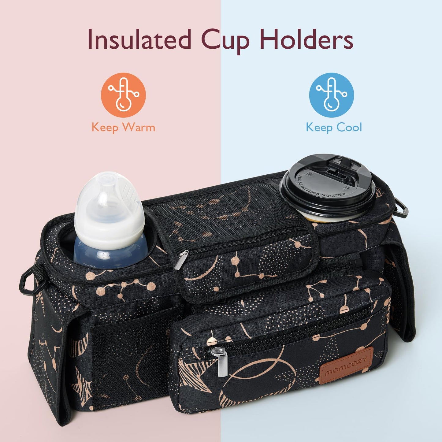 Momcozy Universal Baby Stroller Organizer, 2 Insulated Cup Holder, Detachable Zippered Pocket, Adjustable Shoulder Strap, Large capacity for baby essentials, Compact Design Fits Any Strollers