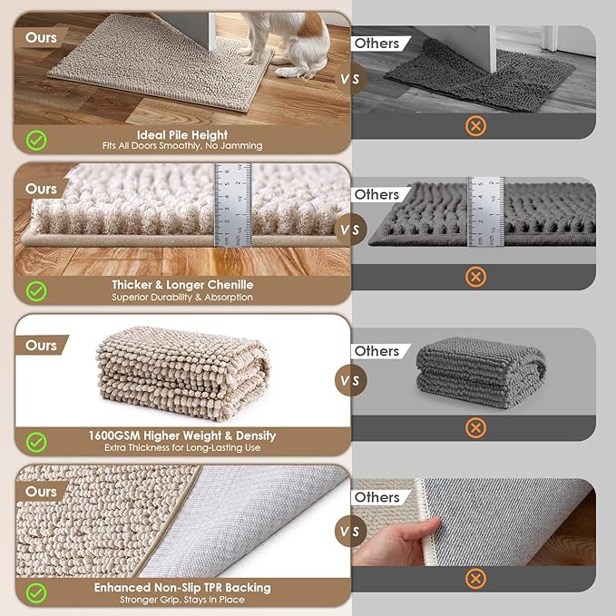 EHEYCIGA Super Absorbent Dog Door Mat for Muddy Paws 60x36 Inch Indoor, Front Doormat Outside Entrance, Quick Dry Chenille Washable Dog Crate Bed, Non-Slip Pet Rug Mud Mat Outdoor Entryway, Beige