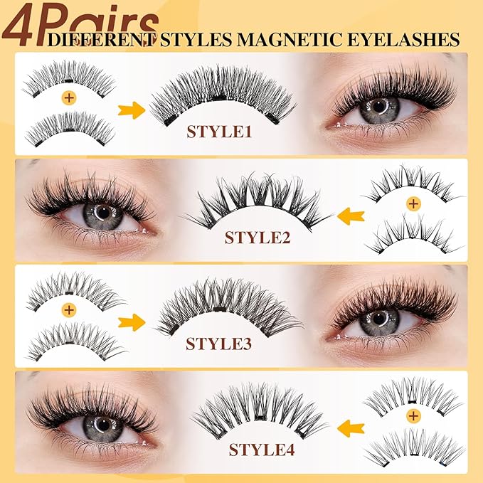 QUEWEL Magnetic Eyelashes 4 Pair Reusable Magnetic Eyelashes with Applicator No Glue Needed Eyelashes Natural Look Lash Clusters Kit Easy to Wear and Remove(4 Pairs-A14)