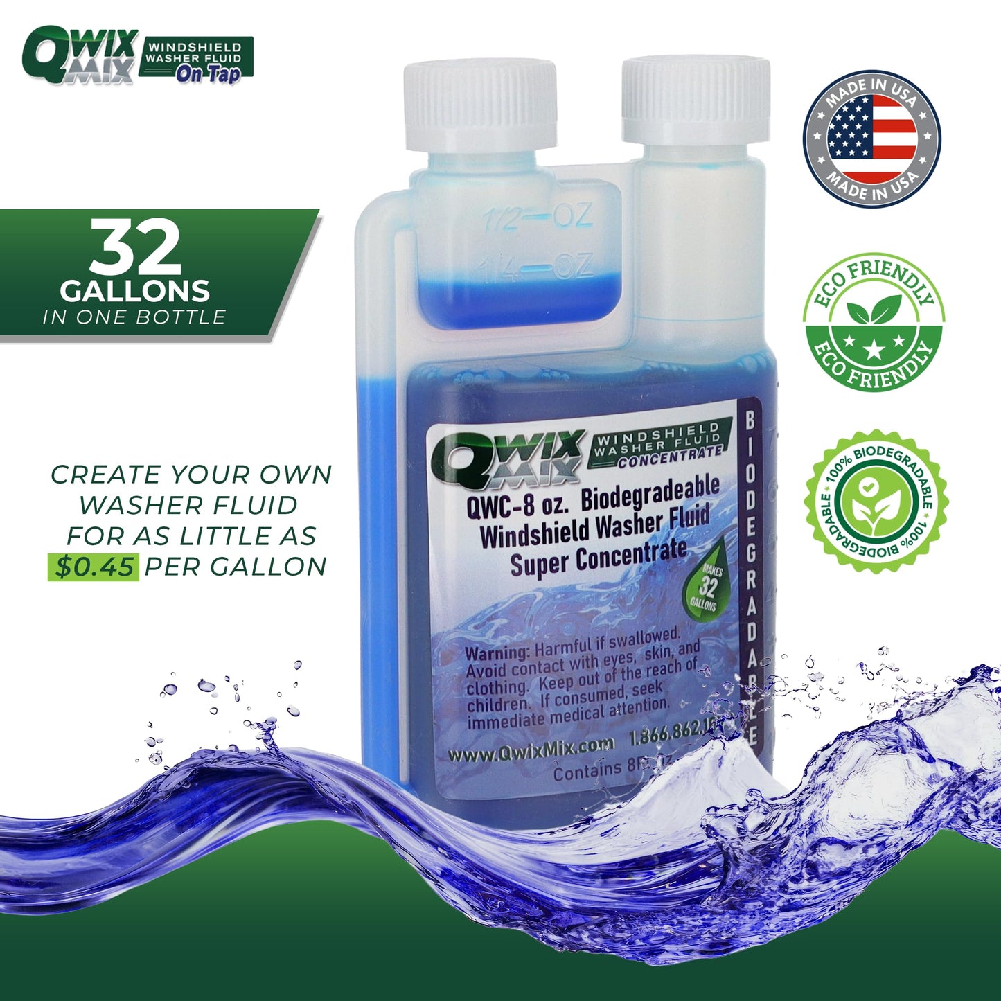 Qwix Mix Windshield Washer Fluid Concentrate, 1 Bottle Makes 32 Gallons, 1/4 oz. Makes 1 Gallon 100% Biodegradable