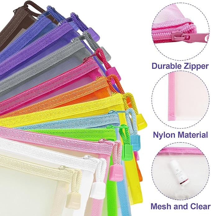 Mesh Pouches (24 Pack), Small Mesh Bags with Zipper Nylon Makeup Pouches Bag Cosmetic Pouch Travel Purse Organizer Insert Diaper Inside Bag Organizers Home Organizing Size See Through Cute Colors
