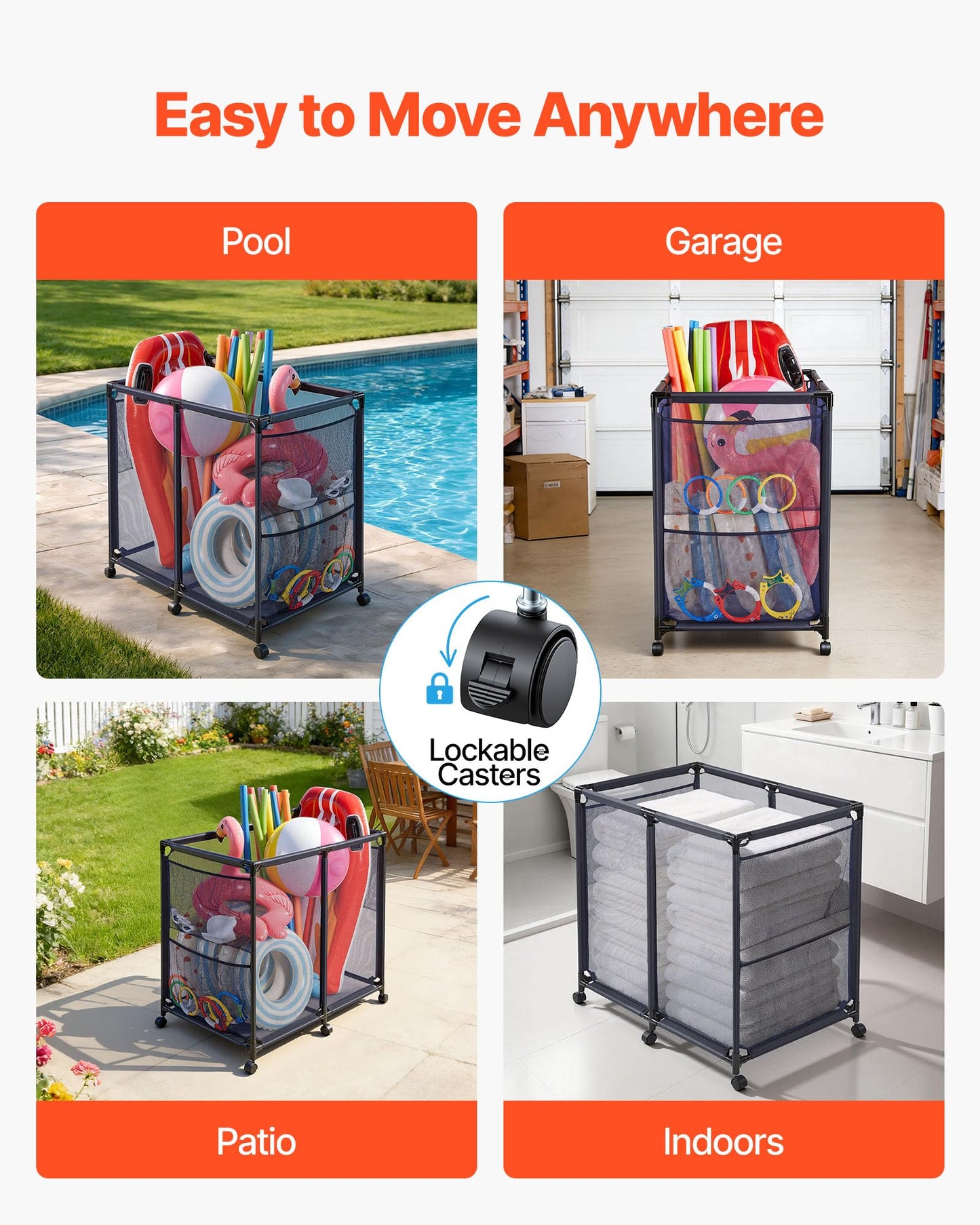 VEVOR Pool Storage Bin, 36.8 x 24 x 35.6 in, Rolling Pool Float Storage Organizer with Side Pockets & Casters, Heavy Duty Metal Frame, Poolside Toys Noodles Holder Mesh Basket for Swimming Pools