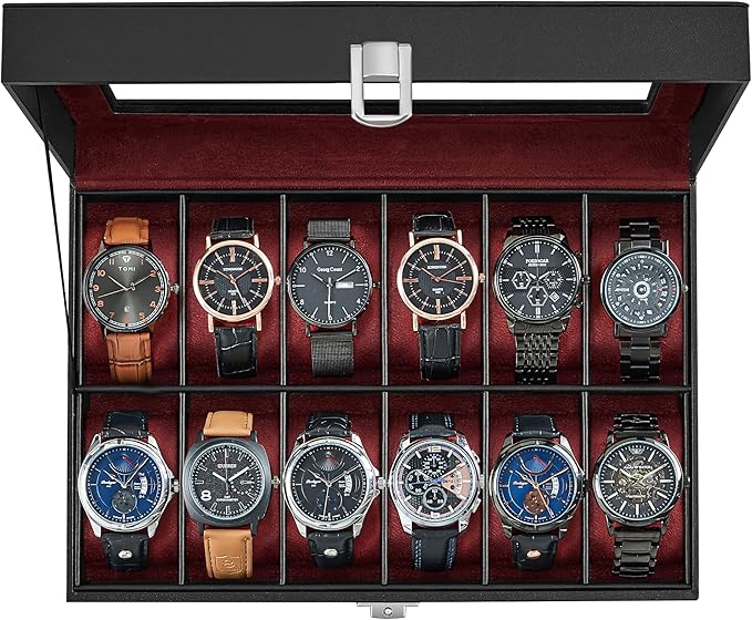 SONGMICS Watch Box, 12-Slot Watch Case Organizer with Large Glass Lid, Removable Pillows, Gift for Loved Ones, Black Synthetic Leather, Wine Red Lining UJWB120R01