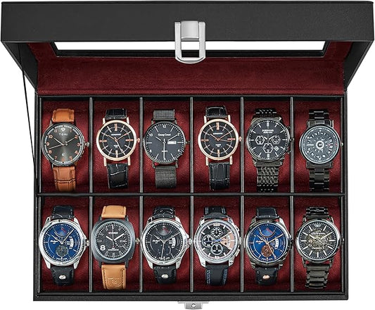 SONGMICS Watch Box, 12-Slot Watch Case Organizer with Large Glass Lid, Removable Pillows, Gift for Loved Ones, Black Synthetic Leather, Wine Red Lining UJWB120R01