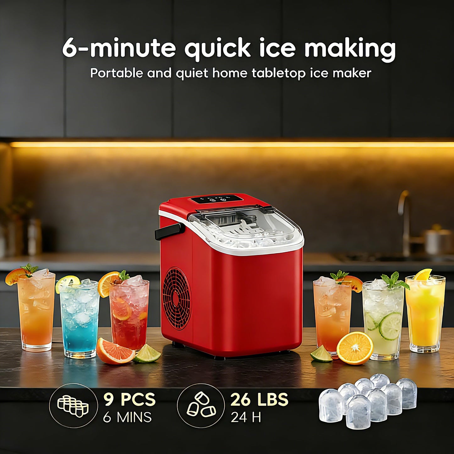 Bayany Countertop Ice Maker with Handle, 26lbs/24H, Small Portable Self-Cleaning Ice Machine with Basket and Scoop, 9 Bullet-Shaped Ice Cubes in 6 Mins for Home Kitchen, Parties, Camping