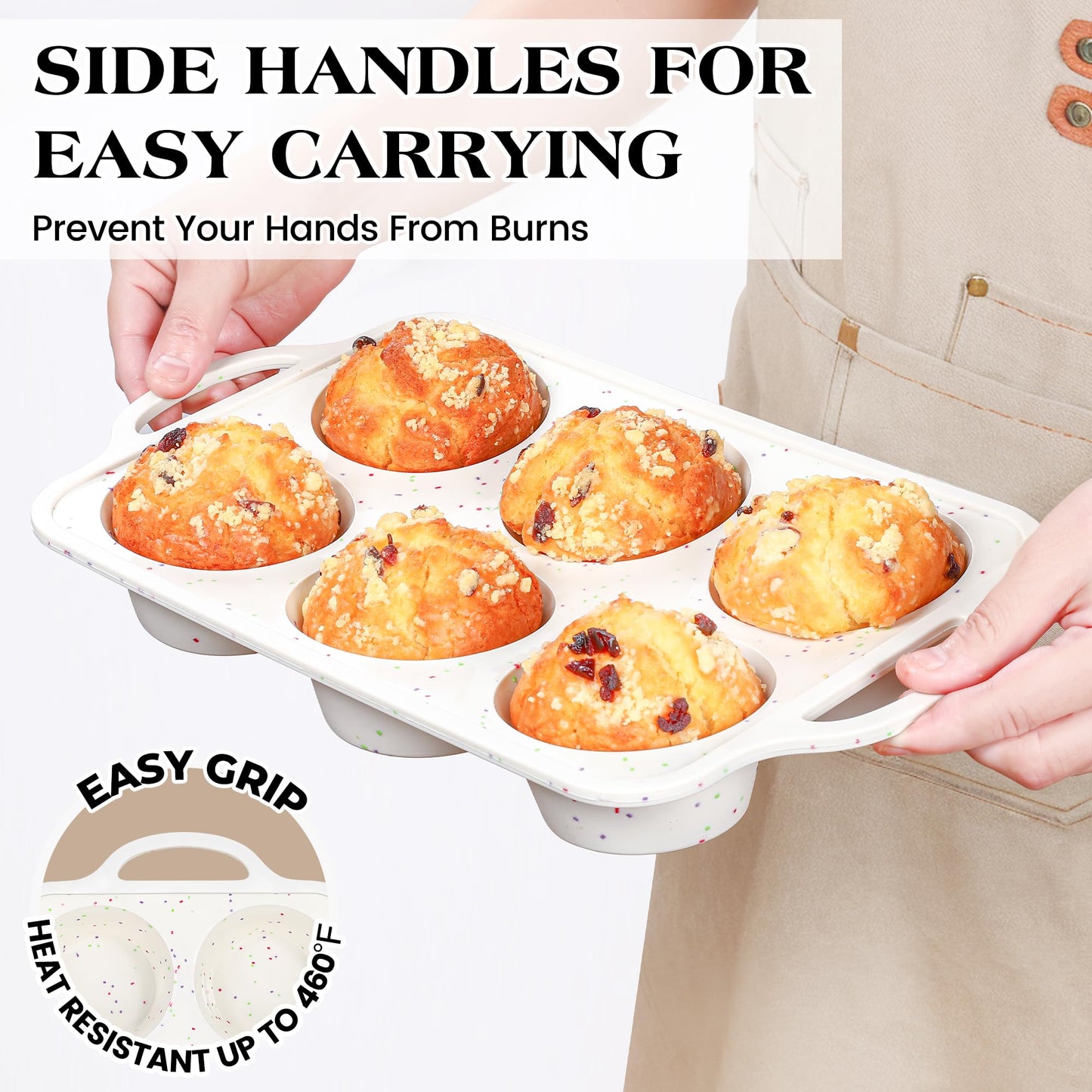 AOTASO 2 Pcs Jumbo Muffin Pan with Metal Frame, Nonstick 6 Cup Extra Large Cupcake Pan for Baking, Silicone Deep Muffin Tray for Egg Bites (Cream)