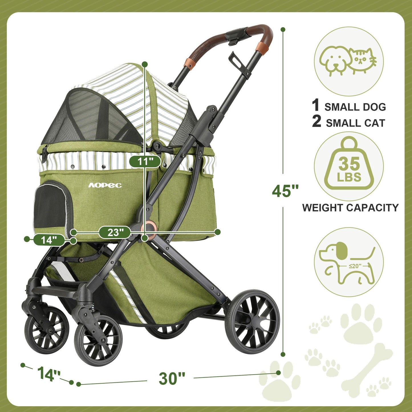 AOPEC Pet Stroller for Small Dogs & Cats – Easy One-Hand Fold, Supports Up to 35 lbs – Green