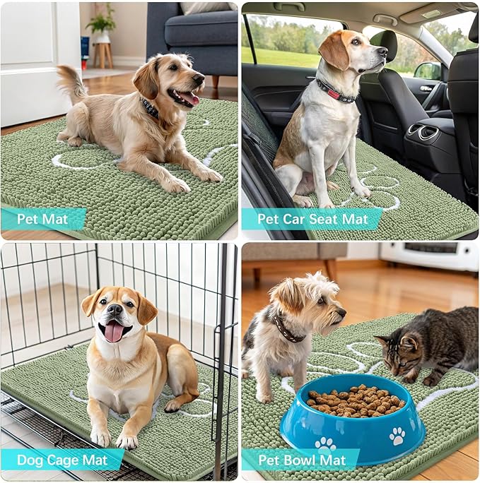 OLANLY Dog Door Mat for Muddy Paws 36x24, Paw Print Design, Absorbs Moisture and Dirt, Non-Slip Washable Doormat, Quick Dry Chenille Mud Mat for Dogs, Entry Indoor Entryway Carpet, Sage Green