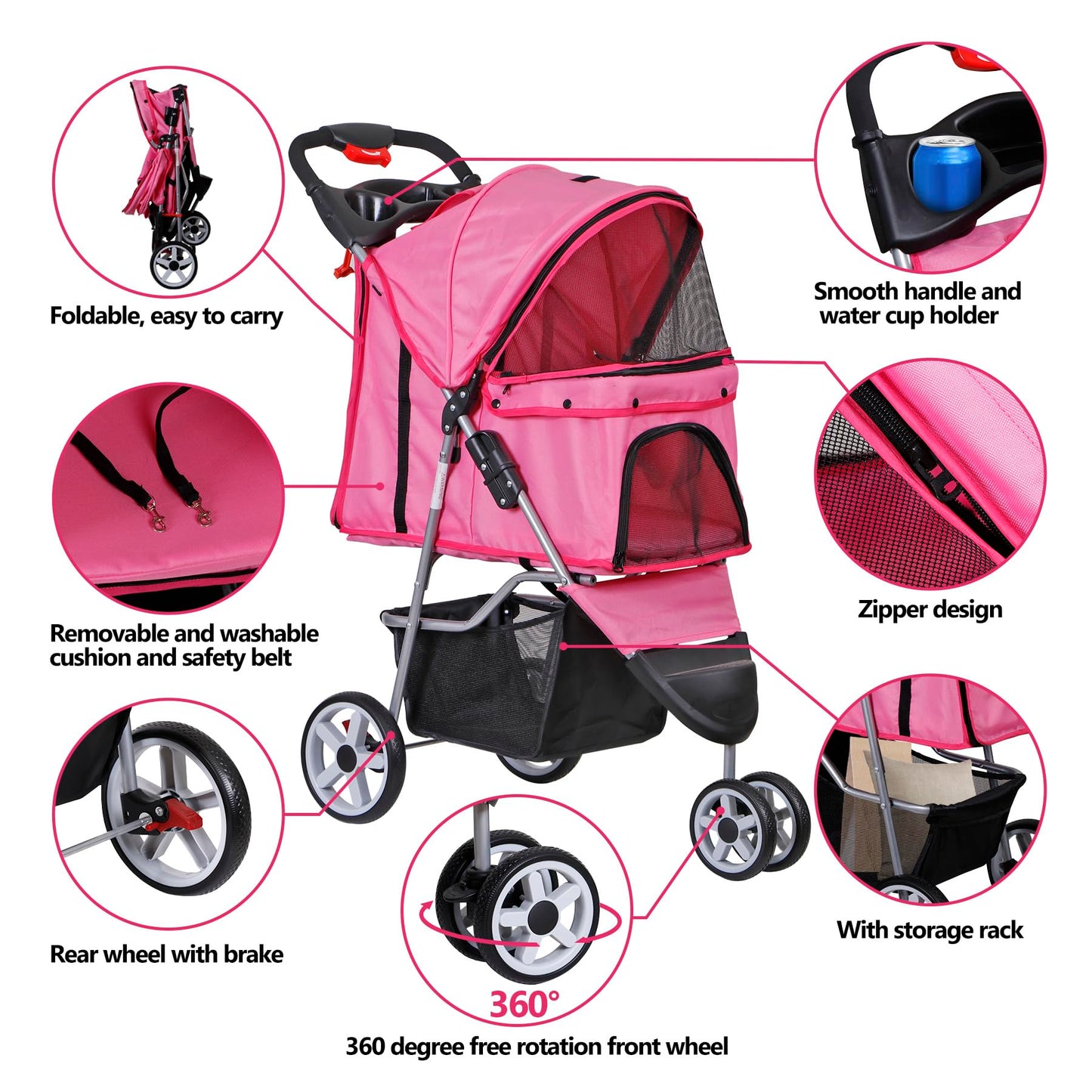 Foldable Pet Stroller for Cats and Dogs 3 Wheels Carrier Strolling Cart with Weather Cover, Storage Basket + Cup Holder (Pink)