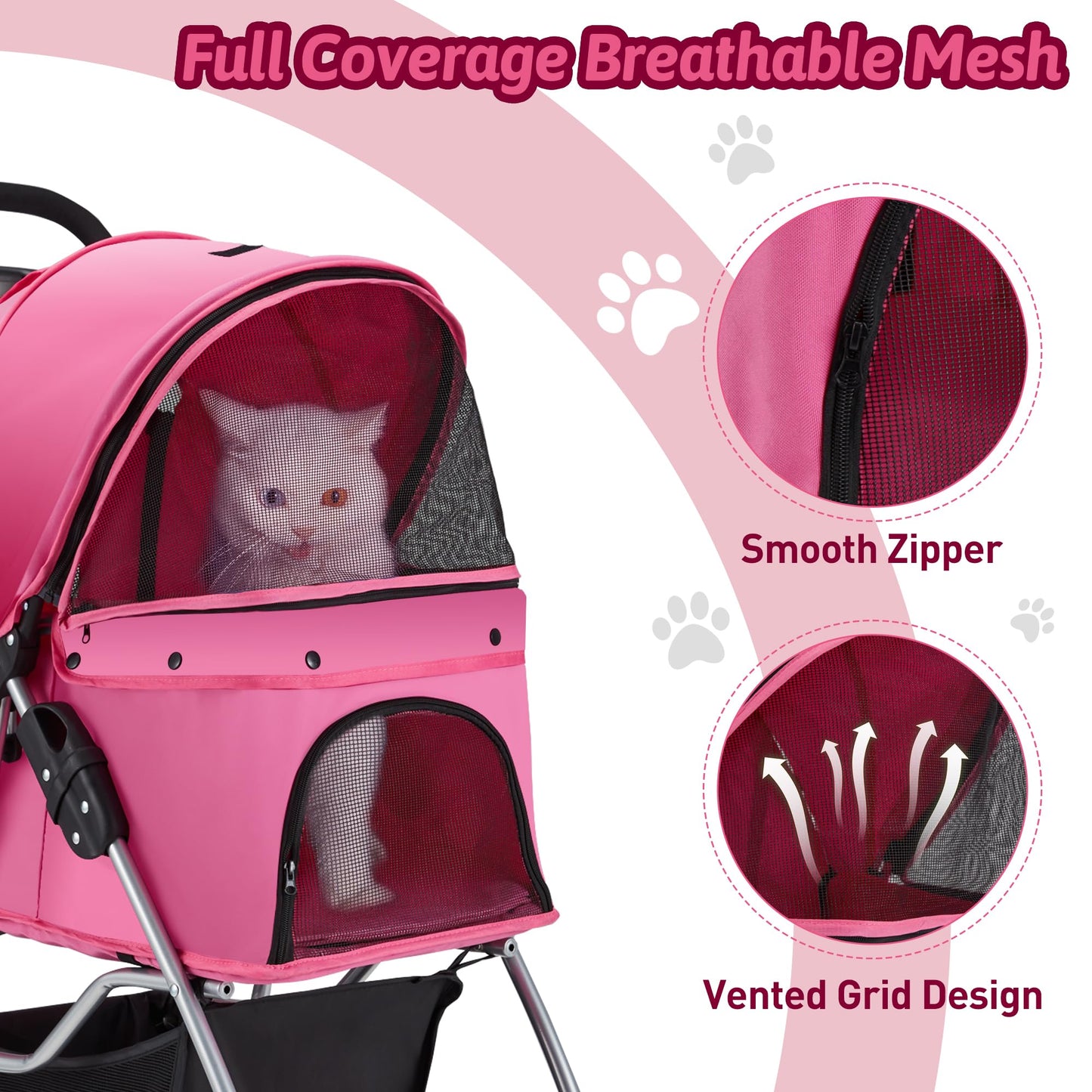 Azaeahom Pet Stroller, 4 Wheels Pet Strolling Cart for Medium/Small Dogs and Cats, Foldable Cat Jogger/Dog Stroller with Cup Holder, Storage Basket, Breathable Mesh, All-Season Pet Carrier, Pink