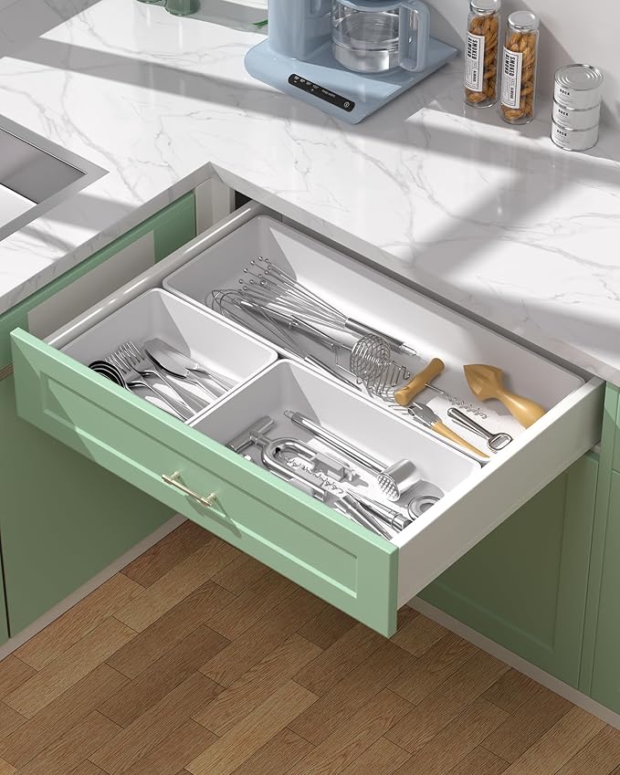 10 Pack Large Size Plastic Drawer Organizers Set, 3 Sizes Desk Drawer Organizer Trays, Storage Bins for Vanity, Makeup, Bathroom, Kitchen Utensils and Office (White)