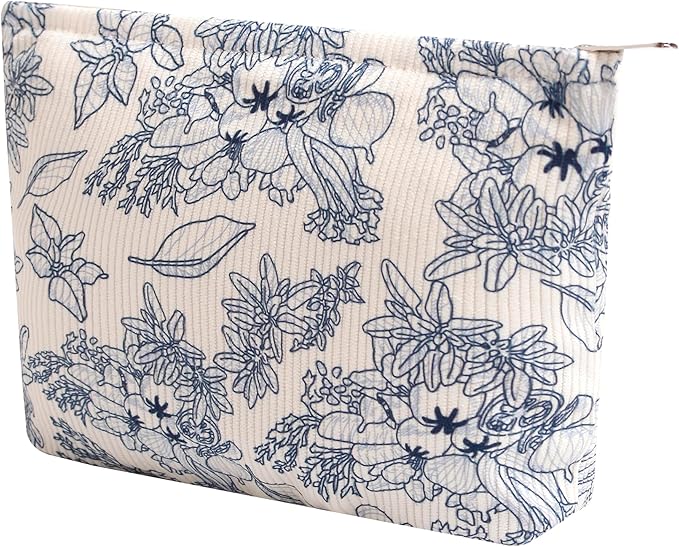 Cosmetic Bags for Women - Corduroy Cosmetic Bag Aesthetic Women Handbags Purses Smile Dots Makeup Organizer Storage Makeup Bag Girls Case Bags (Flowers-Navy blue)