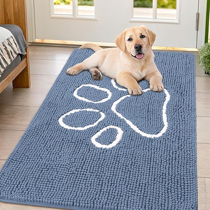Smiry Dog Door Mat for Muddy Paws, Absorbent Dirt Trapper Non Slip Quick Dry Washable Chenille Mat for Mud Dogs, Entry Rug for Indoor and Outdoor (47x32 Inches, Airy Blue and White)