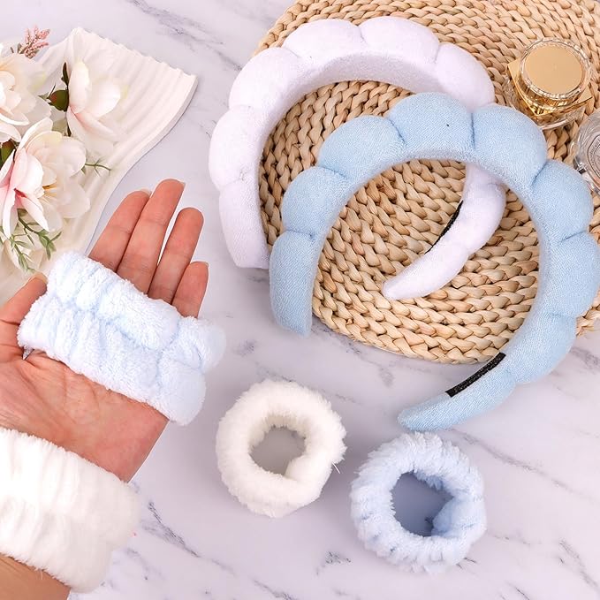 6Pcs Spa Set, Terry Cloth Headbands & Wrist Washbands for Face Washing