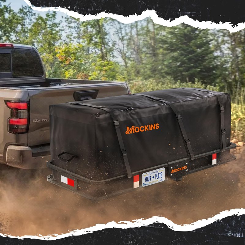 Mockins Folding Luggage Rack for SUV Car Truck ATV & More | 500 Lb. Capacity 6" Raised Shank Steel Trailer Hitch Cargo Carrier 48"x20"x6" w/ 15 Cu Ft Waterproof Cargo Bag & Accessories