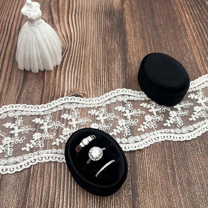 Velvet Oval Ring Box 3 Slots - Premium Wedding Three Rings Box Vintage Handmade Storage Jewelry Organizer for Proposal, Engagement, Wedding Ceremony, Christmas (Black)