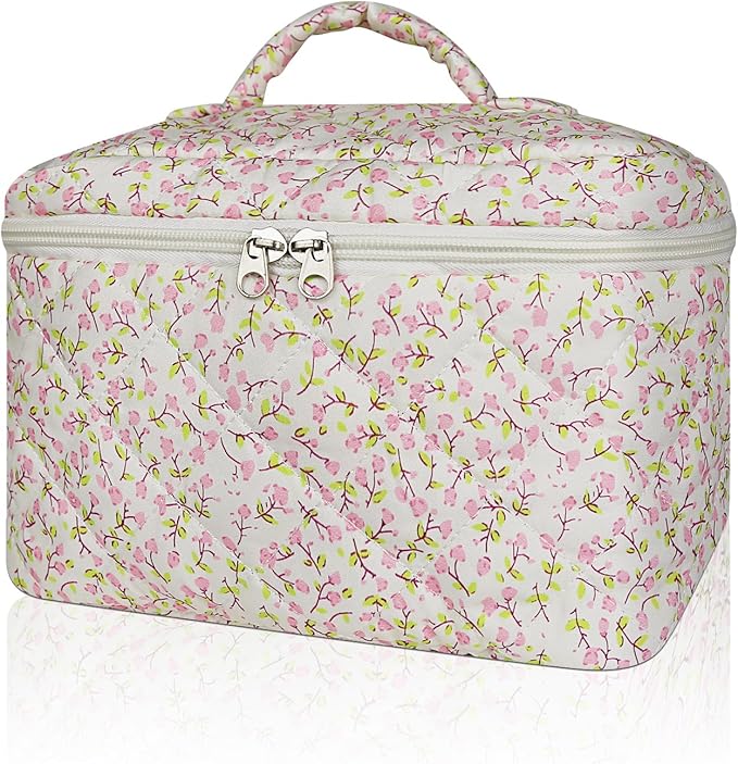 Gosect 1pc Large Makeup Bag, Cute Cosmetic Bag for Women Girls, Floral Coquette Aesthetic Toiletry Bag, Travel Make Up Organizer Bag (Pink Floral