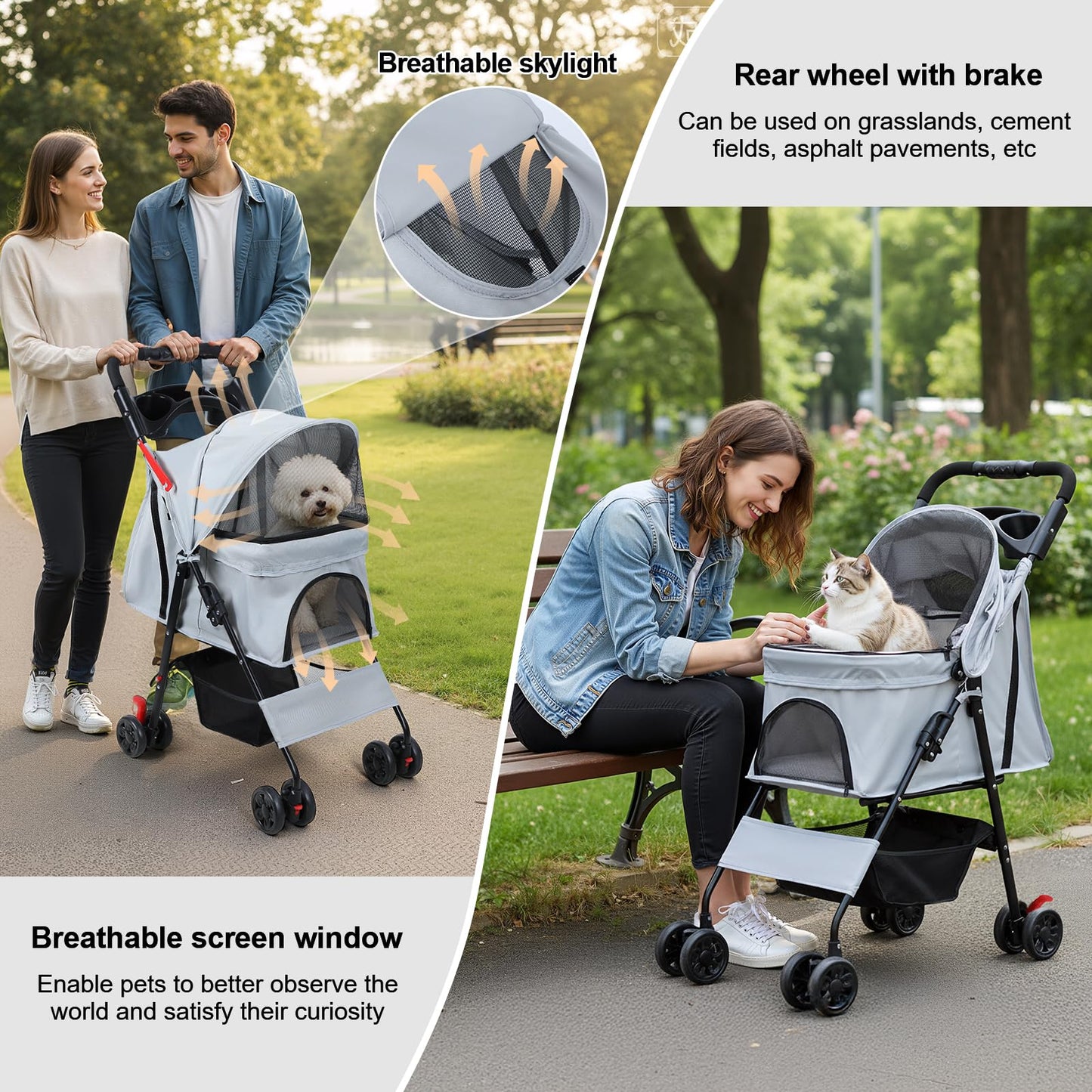 sxvbdway 4 Wheels Pet Stroller for Medium Small Dog up to 50lbs, Dog Cat Stroller, Outdoor Travel Pet Folding Strollers with Cup Holder, Detachable Carrier, Breathable Visible Mesh (Grey Upgraded)