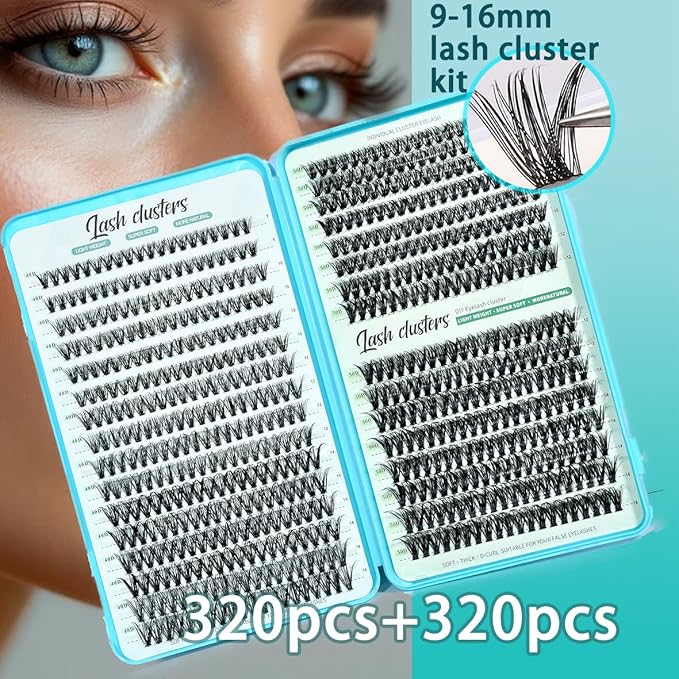 Wispy Lash Clusters 640pcs Eyelash Cluster Extensions 40D+50D Curl Individual False Eyelashes 9-16mm Natural Fluffy Mink Lash Clusters Extension Kit