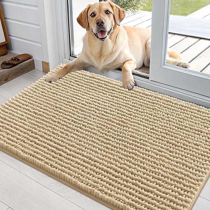 OLANLY Dog Door Mat for Muddy Paws 36x24, Ultra Absorbent Chenille Mud Doormat, Non-Slip Washable and Dirt Trapping Doormat for Indoor Entryway, Quick-Dry Indoor Pet Bed Mats for Dogs, Beige