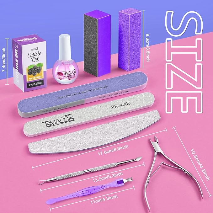 TsMADDTs Manicure Tools Kit with Buffer Blocks, Polishing Buffers, Files, Cuticle Nipper, Pusher and Cuticle Oil for Women Manicure Care
