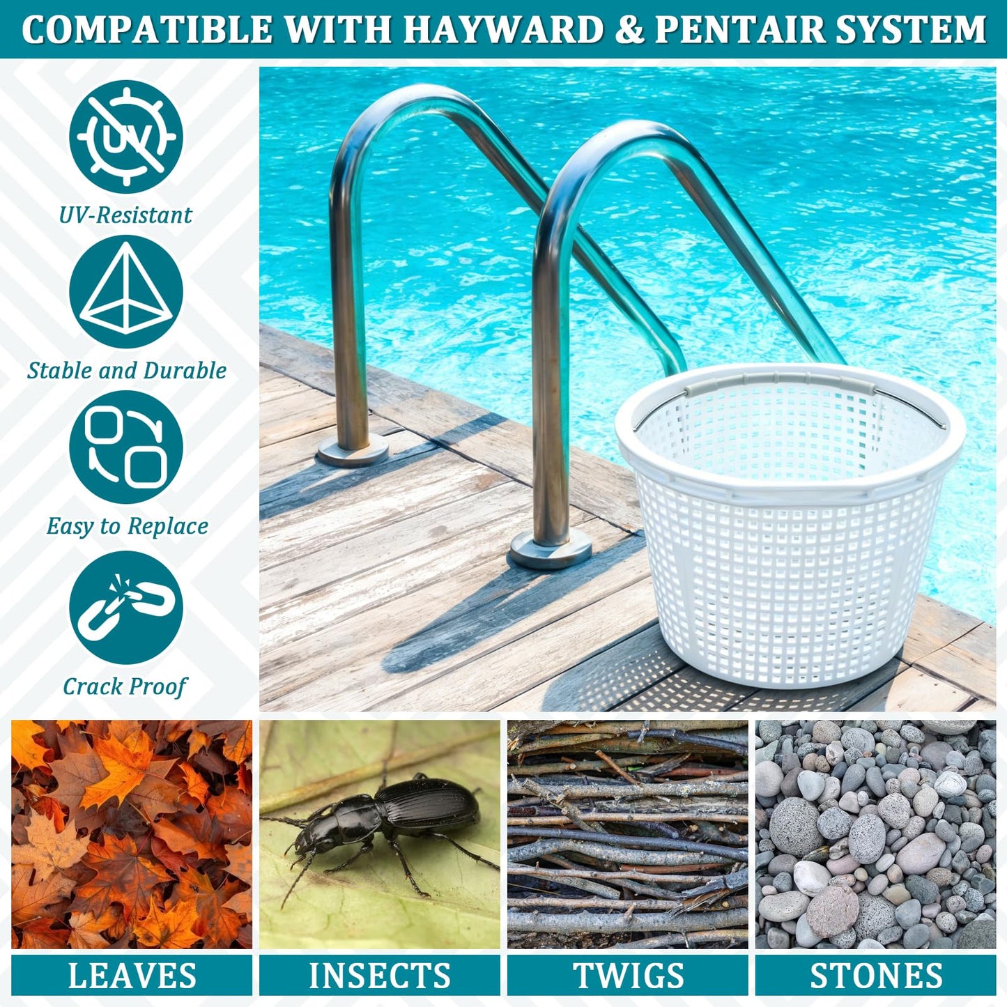 SAQXK 8" Pool Skimmer Basket for Inground Pool, Replacement for Waterway 542-3240/542-3240B Compatible with Bermuda Gunite Pentair U-3 Skimmer Basket 516112 Pool Basket with Stainless Steel Handle