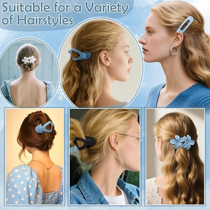 10 Pcs French Flat Hair Clips for Women, 3 Styles Blue Flat Claw Clips Strong Hold No Slip Matte Hair Claw Clips for Thin Thick Hair
