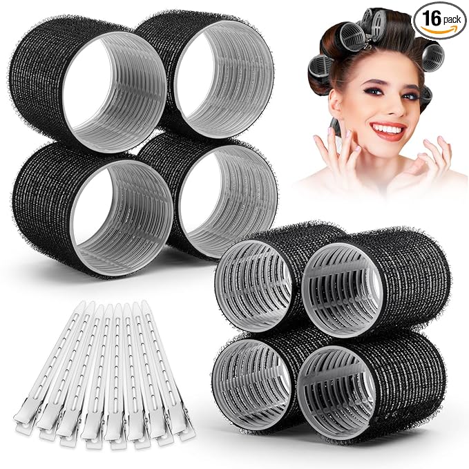 Self Grip Hair Rollers Curlers 16 Pcs Set with 8Pcs Hair Rollers 2 Sizes (4 Jumbo & 4 Large) and 8 Pcs Hair Clips for Long Medium Short Thick Fine Thin Hair Volume (Black)