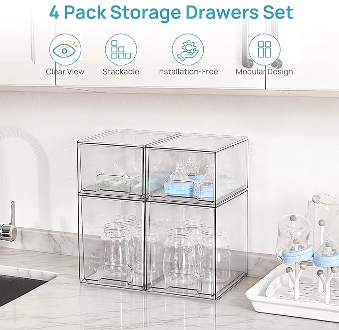 Vtopmart 4 Pack Clear Baby Bottle Organizer Set, Stackable Storage Drawers Ideal for Kichen Countertop, Vanity, Bathroom, Cabinet, Pantry Organization
