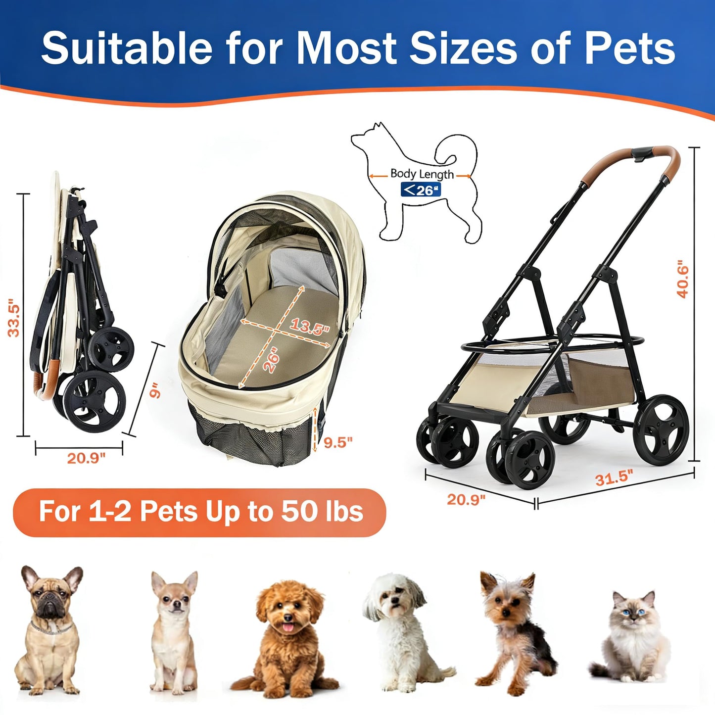 4 Wheels Pet Stroller for Small/Medium Dogs and Cats,Dog Stroller with Detachable Carrier and Storage Basket,One Click Folding,Compact Portable,Up to 50lbs,3 in1 Multifunctional(Grey)