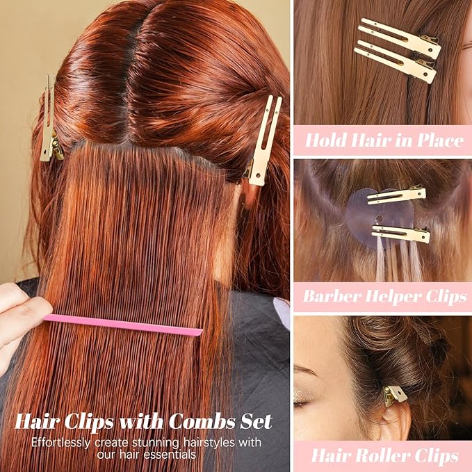 50Pcs Pin Curl Clips, IKOCO Hairdressing Double Prong Hair Clips with 3Pcs Comb Set for Setting Curls, Hair Salon or Barber, Gold