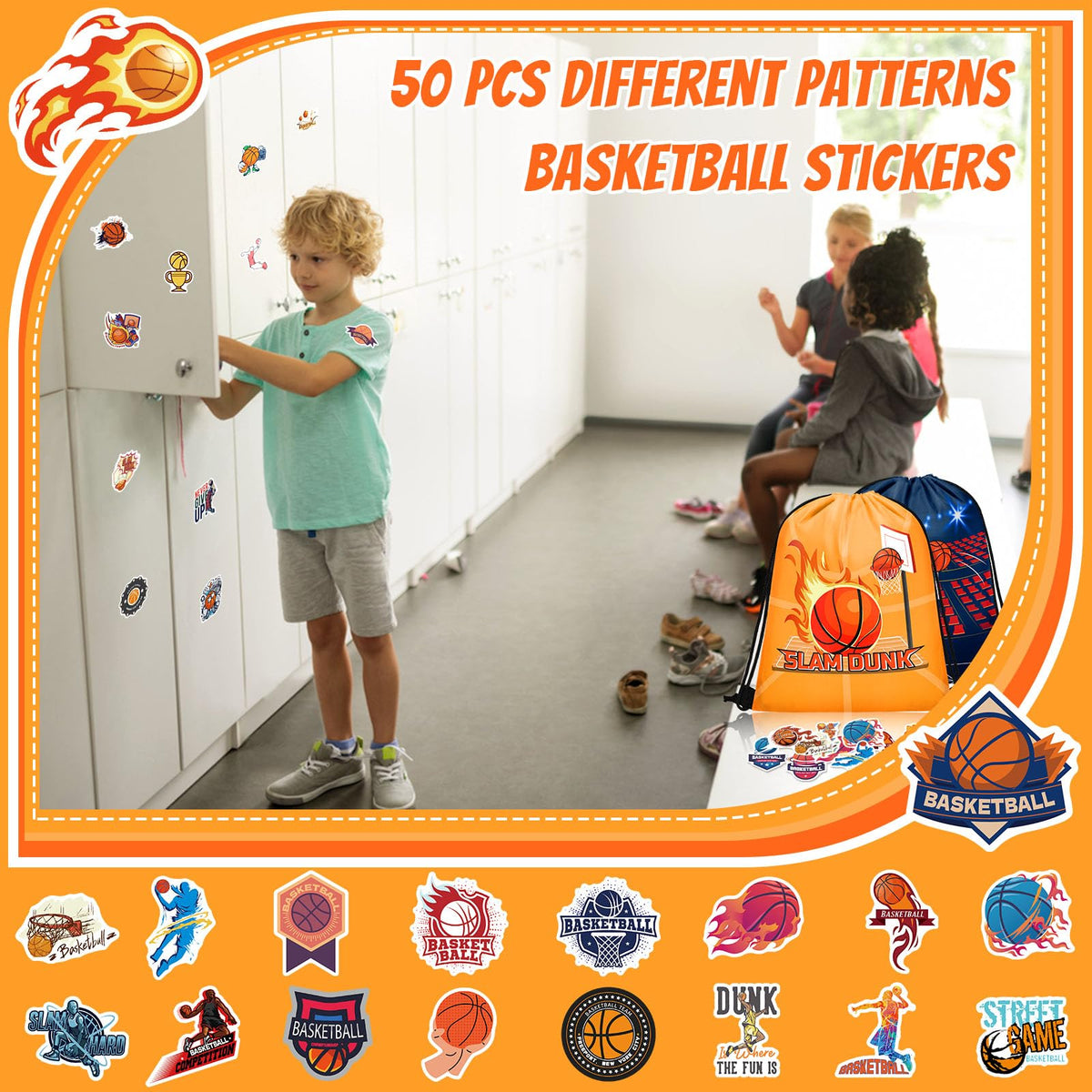 Grneric 110 Pcs Basketball Party Favors Drawstring Backpack with Keychains Silicone Bracelets Stickers for Sports Birthday Supplies Goodie Bags Basketball Themed Gifts