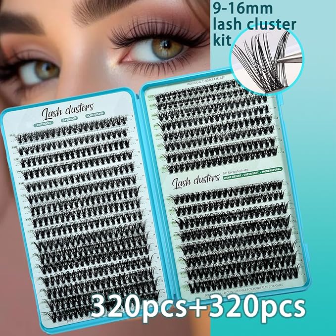 Wispy Lash Clusters 640pcs Eyelash Cluster Extensions 50D+60D Curl Individual False Eyelashes 9-16mm Natural Fluffy Mink Lash Clusters Extension Kit